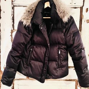 Ann Taylor Black navy Down Coat with Faux Fur Collar